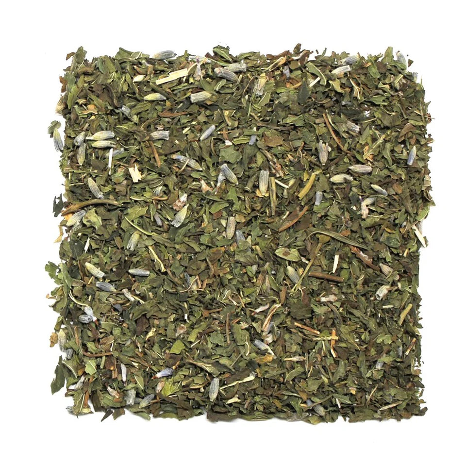 Noteworthy Selections Lavender Mint Loose Leaf Tea on white background.